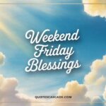 A vibrant sky filled with soft, golden clouds and sunlight, featuring the inspirational text “Weekend Friday Blessings” – capturing a peaceful and uplifting Friday morning mood.