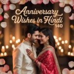 Indian couple celebrating wedding anniversary with flowers, gifts, and romantic decorations. Traditional outfits, joyful smiles, and festive mood. Ideal for Hindi anniversary wishes or love-themed content.