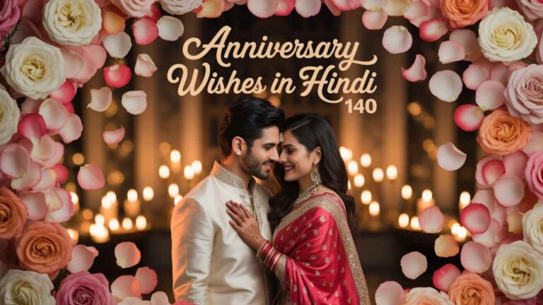 Indian couple celebrating wedding anniversary with flowers, gifts, and romantic decorations. Traditional outfits, joyful smiles, and festive mood. Ideal for Hindi anniversary wishes or love-themed content.