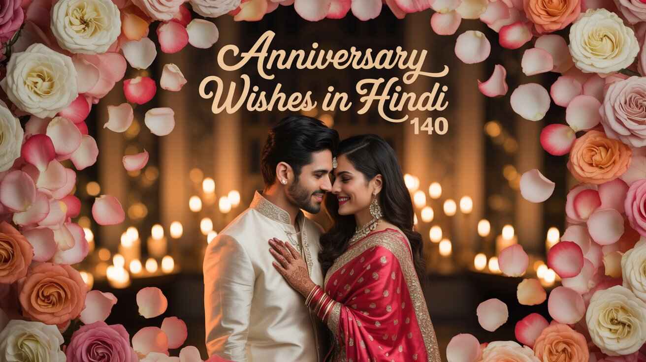 Indian couple celebrating wedding anniversary with flowers, gifts, and romantic decorations. Traditional outfits, joyful smiles, and festive mood. Ideal for Hindi anniversary wishes or love-themed content.