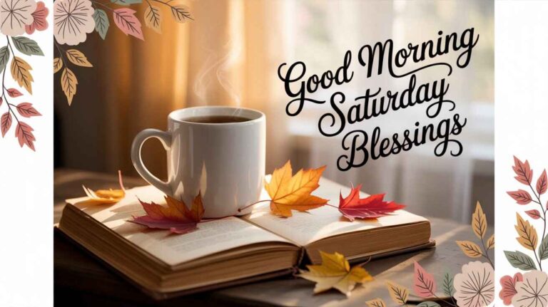 "Good Morning Saturday Blessings – A cozy morning scene with coffee, an open book, and autumn leaves to welcome the weekend."