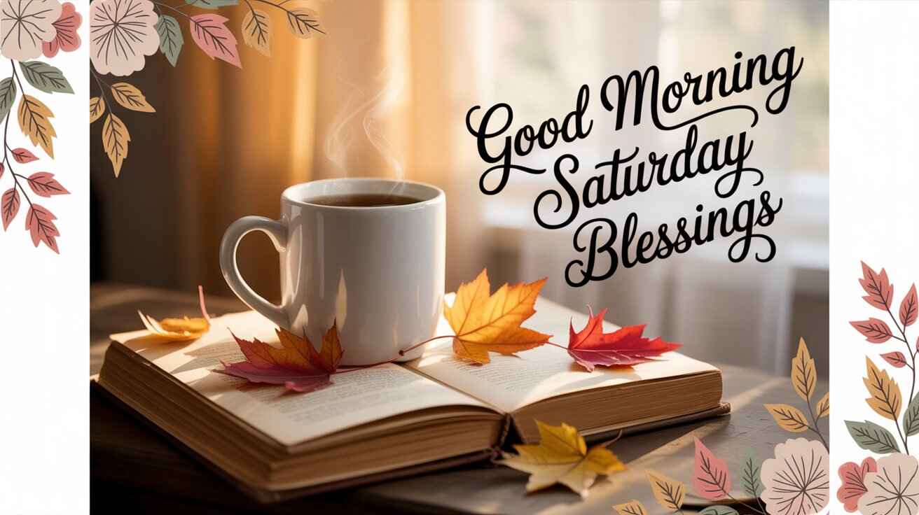 "Good Morning Saturday Blessings – A cozy morning scene with coffee, an open book, and autumn leaves to welcome the weekend."