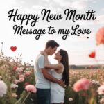 "A couple embracing in a blooming flower field under a soft sky. Romantic mood. Text overlay reads: 'Happy New Month Message to my Love' with a red heart icon."