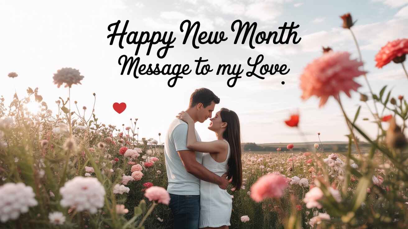 "A couple embracing in a blooming flower field under a soft sky. Romantic mood. Text overlay reads: 'Happy New Month Message to my Love' with a red heart icon."