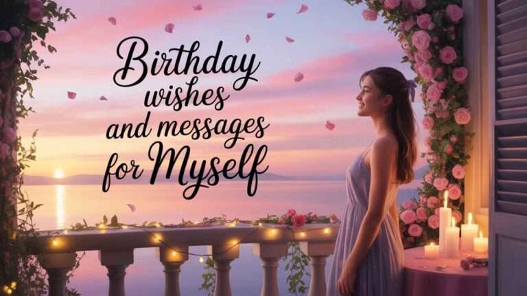 "A young woman standing on a romantic balcony at sunset, overlooking a calm ocean. The sky is painted in pastel hues of pink, purple, and orange. She is smiling peacefully, wearing a soft lavender dress. The balcony is decorated with fairy lights, pink rose petals falling in the air, and floral garlands wrapped around columns. On the side, a table with lit candles and pink roses creates a cozy, serene atmosphere. Text in elegant script reads: 'Birthday wishes and messages for Myself'."