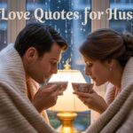 Husband and wife by a rainy window, sharing a blanket and sipping tea, cozy lamp light, raindrops on glass, soft focus, deep emotional connection, warm romantic indoor vibe, elegant handwritten text in beige or gold at the top.