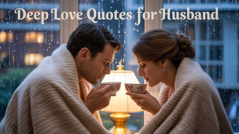 Husband and wife by a rainy window, sharing a blanket and sipping tea, cozy lamp light, raindrops on glass, soft focus, deep emotional connection, warm romantic indoor vibe, elegant handwritten text in beige or gold at the top.