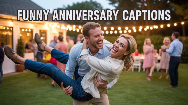 Man lifting his wife in a funny fail pose (about to fall), both laughing, candid vibe, backyard party setup — “Funny Anniversary Captions” in bold handwritten font floating above them
