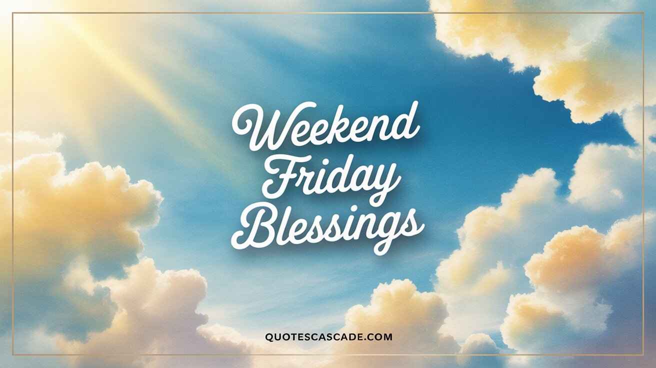 A vibrant sky filled with soft, golden clouds and sunlight, featuring the inspirational text “Weekend Friday Blessings” – capturing a peaceful and uplifting Friday morning mood.