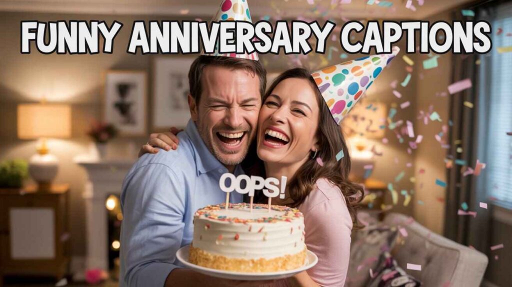 Realistic photo of husband wearing a party hat upside down, wife holding a cake with “Oops!” written on it, both laughing hysterically, confetti flying — text on top in comic-style font: “Funny Anniversary Captions”