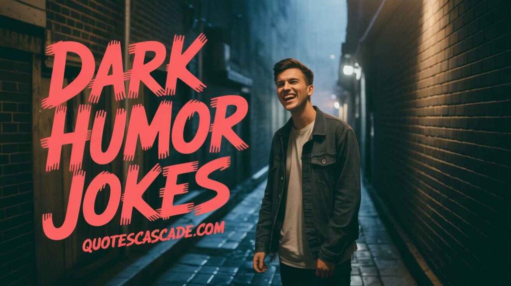 A young man laughing in a dimly lit urban alleyway, moody nighttime vibes, bold red text "Dark Humor Jokes" in large font, gritty street aesthetic — for a comedy blog cover.