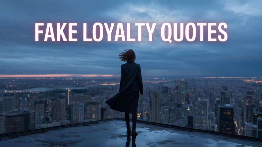 "Woman standing on rooftop overlooking city – theme of fake loyalty and solitude."

