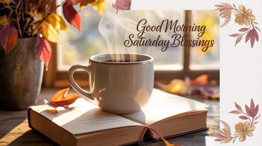 "Saturday morning blessings image with a hot coffee cup on an open book, cozy autumn leaves, and warm window light."

