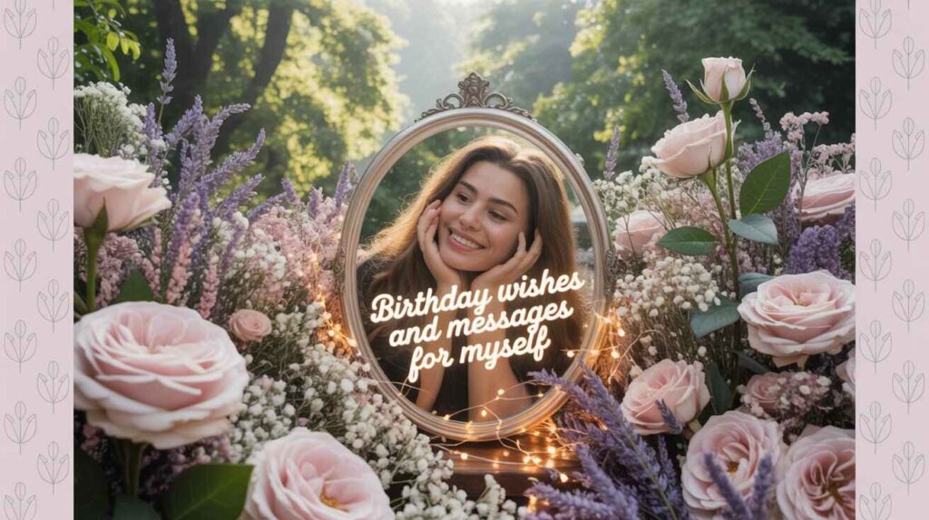 “Aesthetic birthday self-portrait in mirror surrounded by roses and fairy lights, dreamy floral background, with text 'Birthday wishes and messages for myself'.”