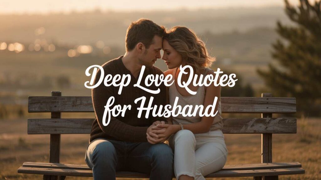 Romantic husband and wife sitting on a bench during golden hour, holding hands with emotional expressions, soft glowing light, dreamy bokeh background, elegant calligraphy text at top: “Deep Love Quotes for Husband” in white or gold , ultra-realistic, cinematic style, perfect for quote poster.
