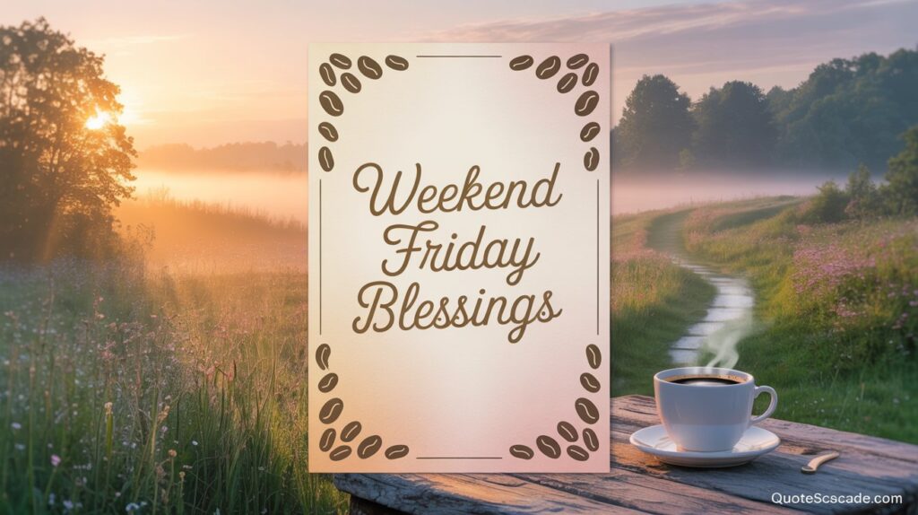 A peaceful countryside morning scene with soft golden sunlight rising through trees and mist, a winding path through green fields with wildflowers, and a steaming cup of coffee on a wooden table in the foreground. Centered is a creamy board with elegant script reading “Weekend Friday Blessings,” framed by coffee bean designs. Website text: QuoteScascade.com.