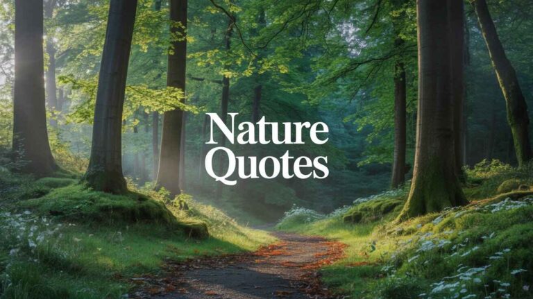Realistic forest path with tall trees, soft morning light shining through leaves, lush green moss and wildflowers on the ground, peaceful and magical atmosphere, centered bold white text that says “Nature Quotes”