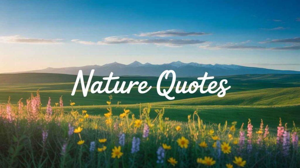 “A high-resolution realistic photo of a peaceful green forest with tall trees, soft natural light filtering through the leaves, and a serene atmosphere. The focus is on the calmness and stillness of nature, with soft shadows and a touch of morning mist. In the center of the image, overlay the text ‘Nature Quotes’ in elegant, white handwritten font.”

