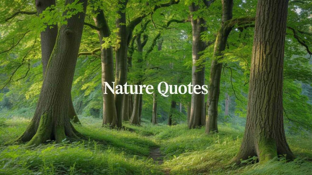 "A serene forest path surrounded by tall trees and lush green foliage, with 'Nature Quotes' written in the center."