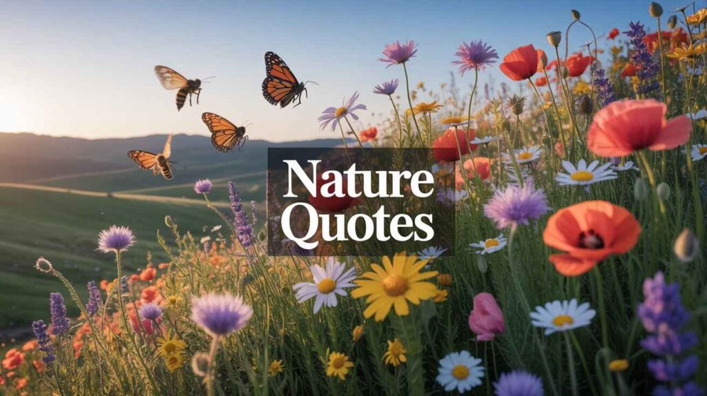 "Colorful wildflower meadow at sunset with butterflies flying and 'Nature Quotes' text in the center."
