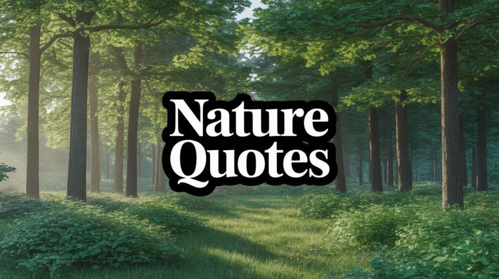 "Sunlit forest with tall trees and green undergrowth, featuring bold 'Nature Quotes' text in the center."
