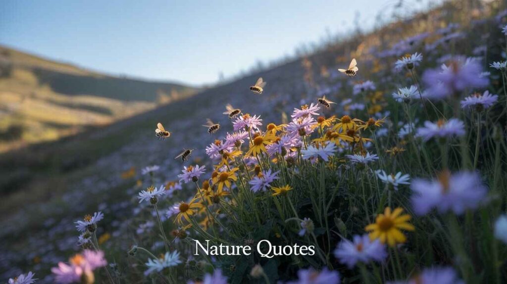 "Bees flying over a hillside covered in colorful wildflowers at sunset, with 'Nature Quotes' text at the bottom."
