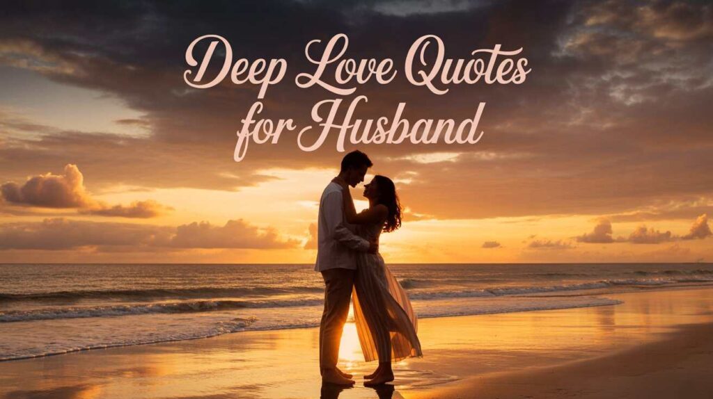 A deeply in-love couple standing hand in hand under a glowing sunset by the ocean, soft waves in the background, warm golden light, emotional expressions, romantic cinematic atmosphere, elegant text at the top center: "Deep Love Quotes for Husband" in flowing calligraphy font, soft white or rose gold color , high-resolution, poster style.