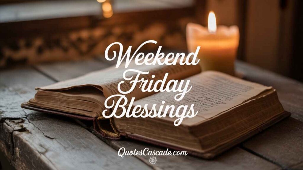 A close-up of an old sacred book opened on a rustic wooden table, with a warm candle softly glowing in the background. The mood is calm and reflective, symbolizing prayer and gratitude. The overlay text in graceful white script says: “Weekend Friday Blessings.” Ideal for spiritual reflections or Bible verse blessings. Website: QuotesCascade.com
