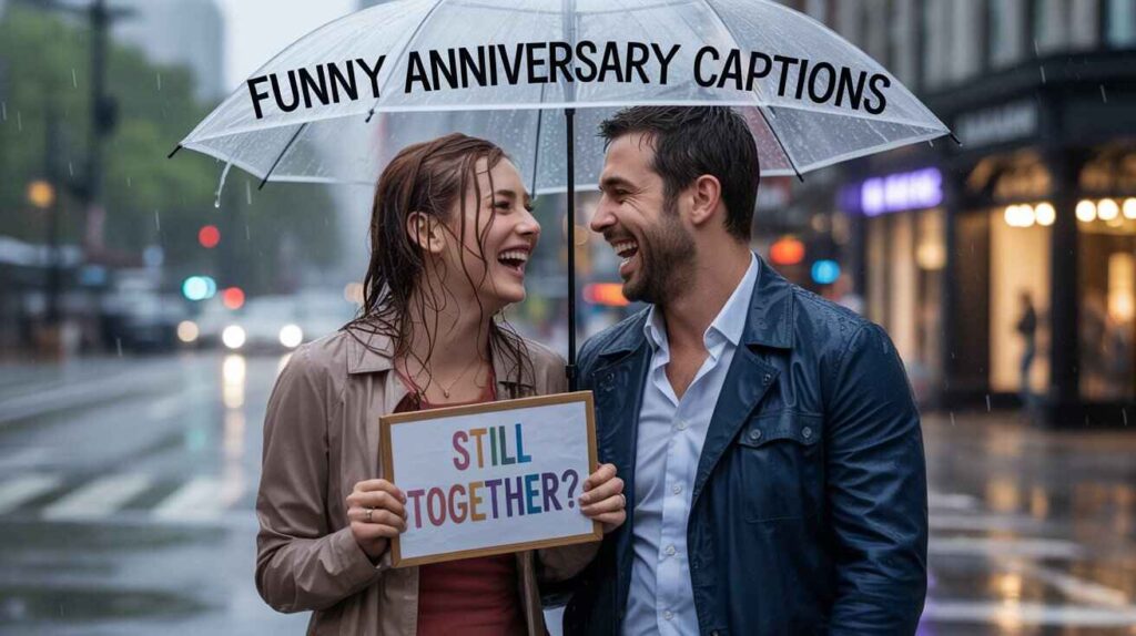 A couple standing in rain with a broken umbrella, completely wet but laughing, wife holding a “Still Together?” sign  “Funny Anniversary Captions” written in rainbow font in sky background
