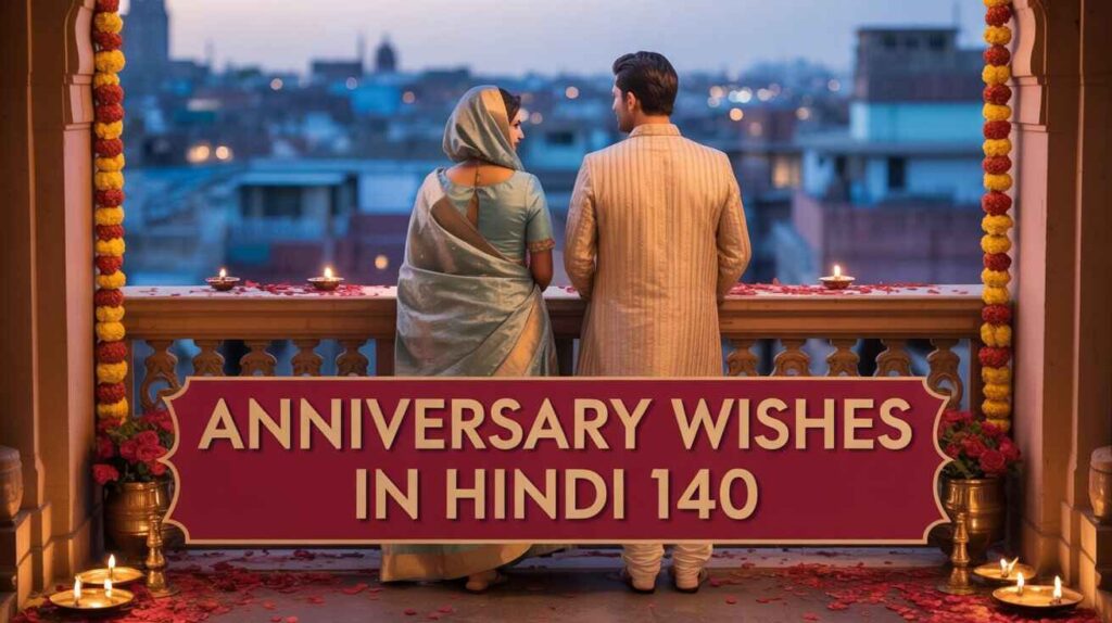 "Indian couple standing on a traditional balcony, decorated with diyas and marigold garlands, sharing a quiet moment on their anniversary. Banner reads 'Anniversary Wishes in Hindi 140'."

