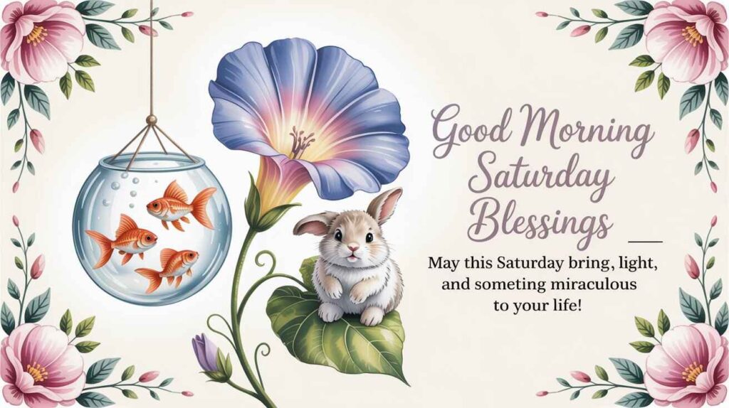 "Cute Saturday morning blessings image with flowers, goldfish bowl, and a baby bunny — perfect for a cheerful weekend greeting."

