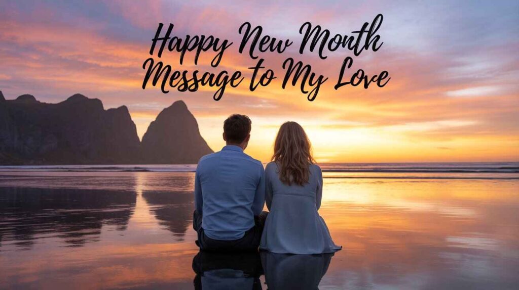 "A romantic couple sitting on a beach during sunset, facing the ocean with mountains in the background. Text overlay reads: 'Happy New Month Message to My Love' in elegant script font."










