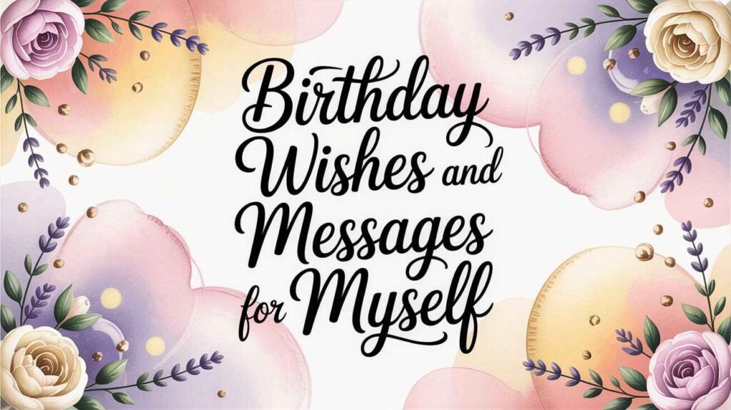“Elegant birthday card design with pastel watercolor background, floral corners, golden dots, and bold calligraphy text 'Birthday Wishes and Messages for Myself' in the center.”