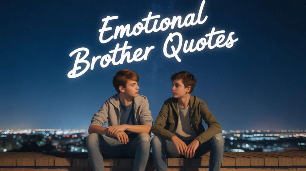 Two teenage brothers sitting side by side on a rooftop at night, having a heartfelt conversation under a starry sky. One wears a grey hoodie and jeans, the other a green jacket and jeans. City lights glow in the background. The atmosphere is calm, emotional, and full of brotherly bonding. Text above them says “Emotional Brother Quotes” in glowing handwritten font.