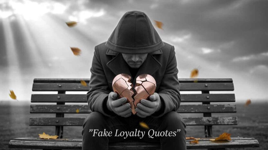 "Sad man holding broken heart, theme: fake loyalty and betrayal"

