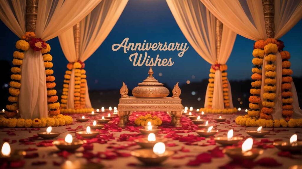 "Traditional Indian anniversary decoration with temple-style mandap, marigold garlands, rose petals, and oil lamps. 'Anniversary Wishes' written at the top in stylish font."

