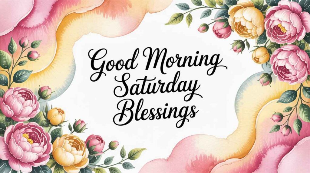 "Good Morning Saturday Blessings text with colorful floral frame and soft watercolor background."


