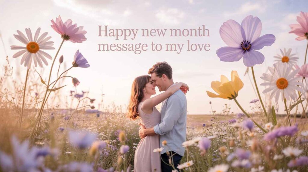 "A romantic couple embracing in a flower-filled meadow at sunset. Soft pastel colors, blooming daisies and cosmos. Text overlay says: 'Happy new month message to my love' in elegant font."






