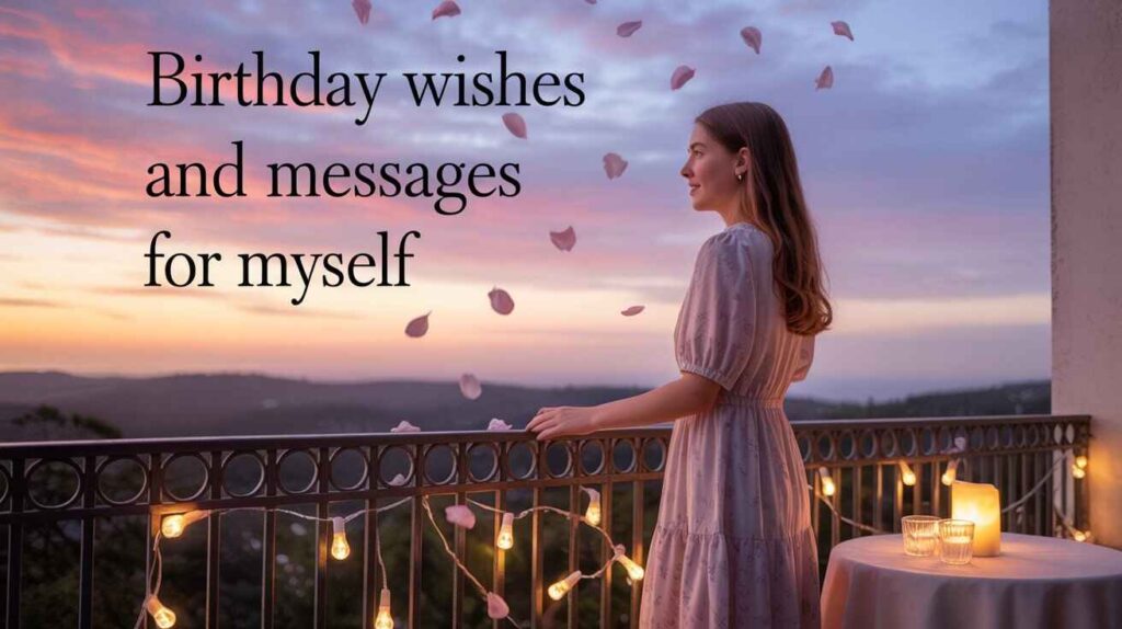 “Aesthetic birthday celebration scene with a girl on a balcony at sunset, soft pink petals falling, warm fairy lights, candles on a table, and text 'Birthday wishes and messages for myself'.”