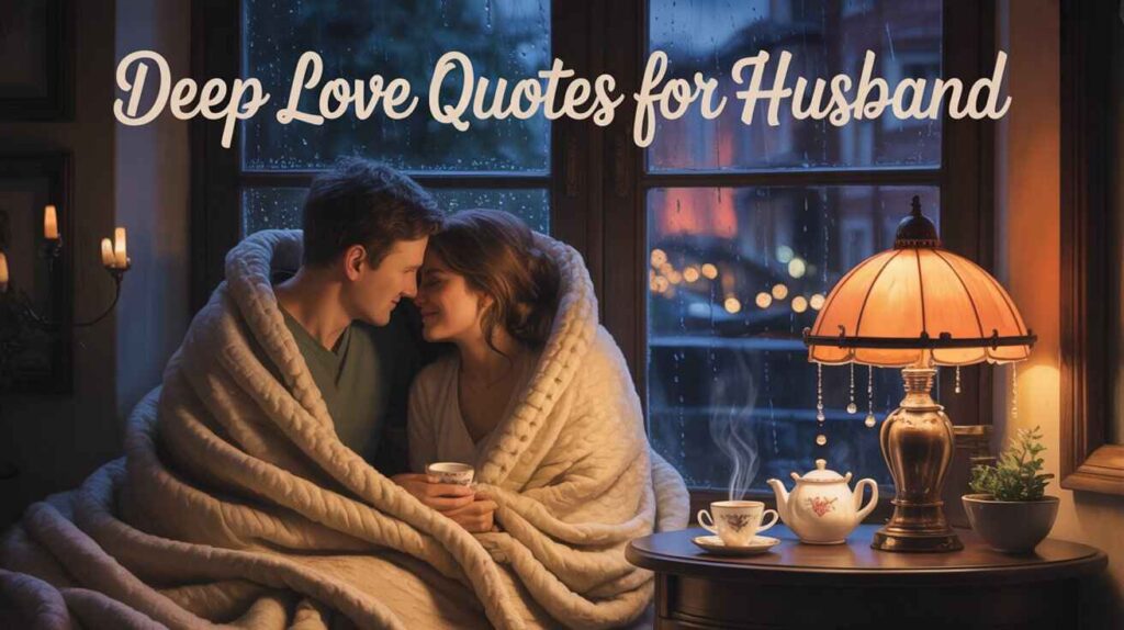 Husband and wife by a rainy window, sharing a blanket and tea, warm lamp light, raindrops on glass, soft focus, deep emotional gaze, romantic indoor vibe, elegant text at top: "Deep Love Quotes for Husband" in beige or gold — cozy and intimate