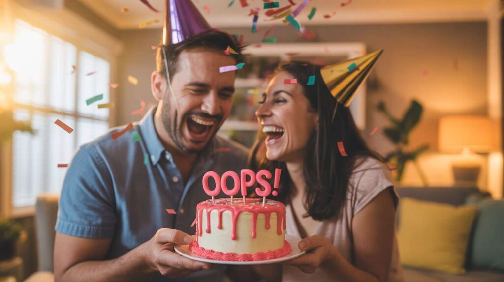 Realistic photo of husband wearing a party hat upside down, wife holding a cake with “Oops!” written on it, both laughing hysterically, confetti flying — text on top in comic-style font: “Funny Anniversary Captions”