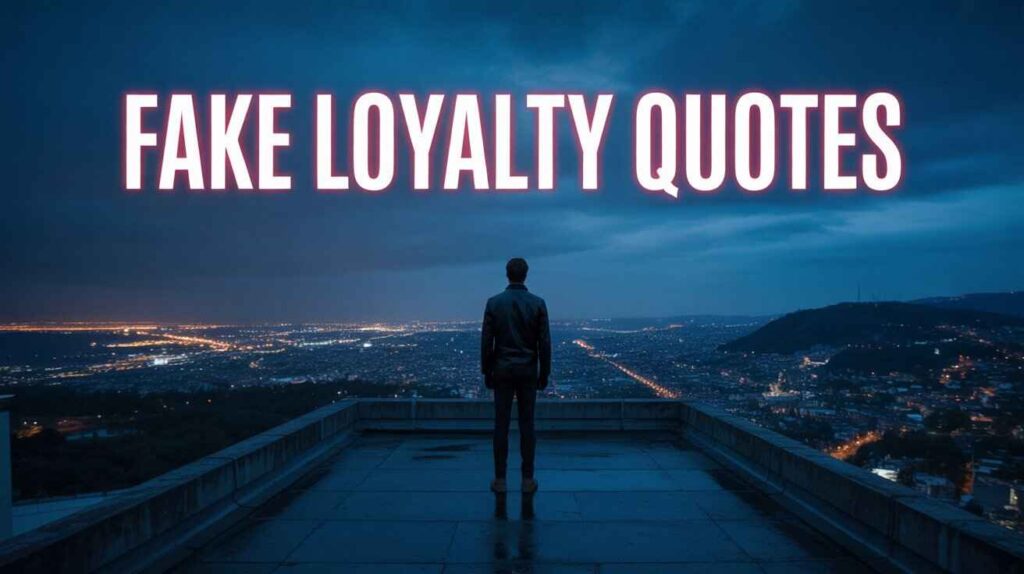 "Man standing alone over city at night – theme: fake loyalty and emotional betrayal"

