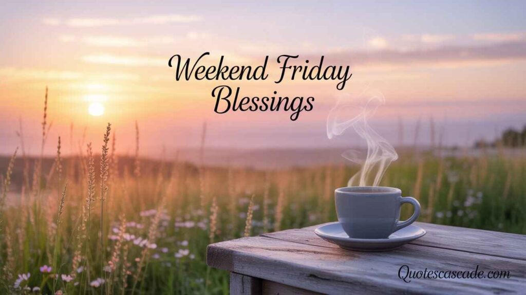 A peaceful morning sunrise scene with a steaming coffee cup on a wooden table in a meadow, featuring the text “Weekend Friday Blessings” – ideal for sending cozy and warm Friday morning vibes.


