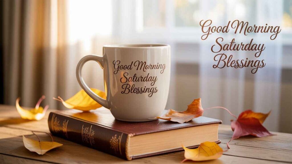 "Saturday morning blessings image with a hot coffee cup on an open book, cozy autumn leaves, and warm window light."

