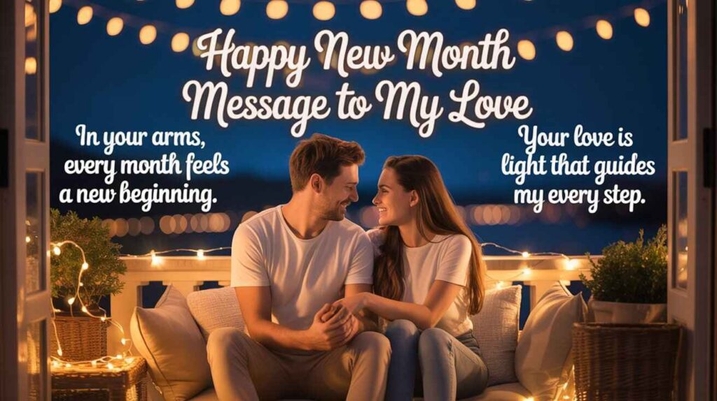 Romantic couple sitting together under fairy lights at night, soft dreamy background. Add two love messages on image:
💌 “In your arms, every month feels like a new beginning.”
💌 “Your love is the light that guides my every step.”
Add title text: Happy New Month Message to My Love