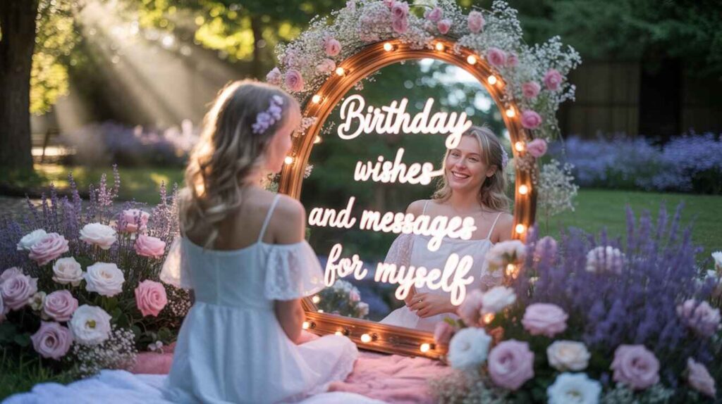 A beautiful young woman in a white off-shoulder dress sits peacefully in a flower-filled garden, gazing into a large, vintage-style mirror adorned with roses and fairy lights. The mirror reflects her serene smile and the glowing handwritten message: "Birthday wishes and messages for myself". Soft morning sunlight filters through the trees, adding a dreamy, self-love vibe to the scene.