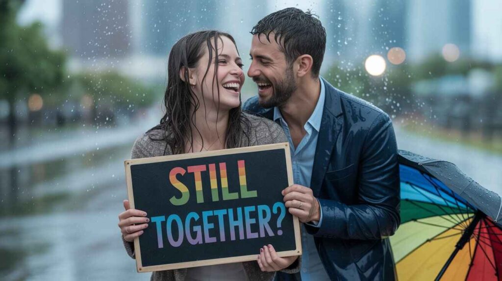 A couple standing in rain with a broken umbrella, completely wet but laughing, wife holding a “Still Together?” sign  “Funny Anniversary Captions” written in rainbow font in sky background

