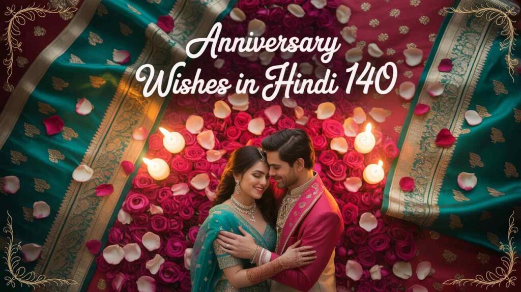 "Romantic Indian couple celebrating wedding anniversary with rose petals, candles, and traditional attire in the background — titled 'Anniversary Wishes in Hindi 140'."

