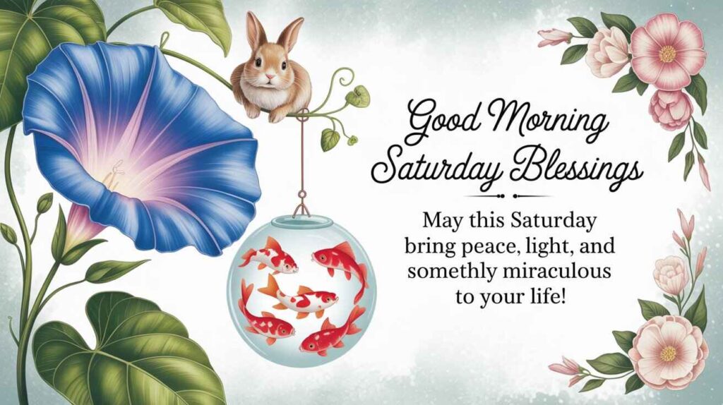 "Cute Saturday morning blessings image with flowers, goldfish bowl, and a baby bunny — perfect for a cheerful weekend greeting."

