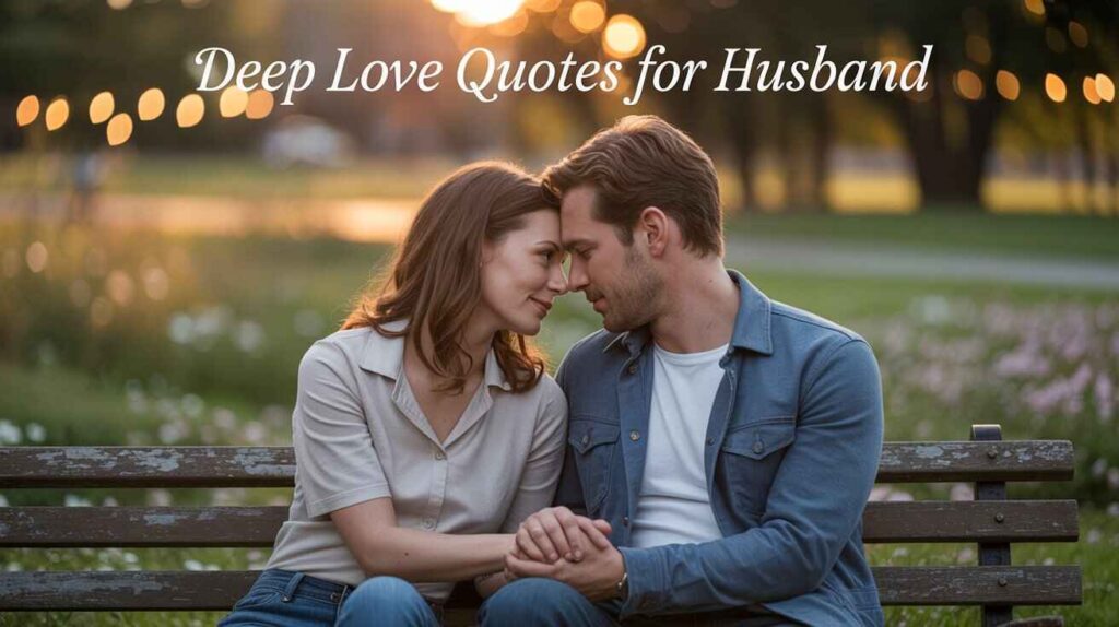 "A romantic couple sitting on a park bench during sunset, leaning forehead to forehead, holding hands with deep love in their eyes. Background with soft bokeh lights and text 'Deep Love Quotes for Husband' at the top."

